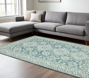 HomeRoots 5' Aqua and Ivory Wool Geometric Area Rug - Hand-Hooked Artisan Design for Modern Spaces, 60" x 90" 8' X 10' 570365