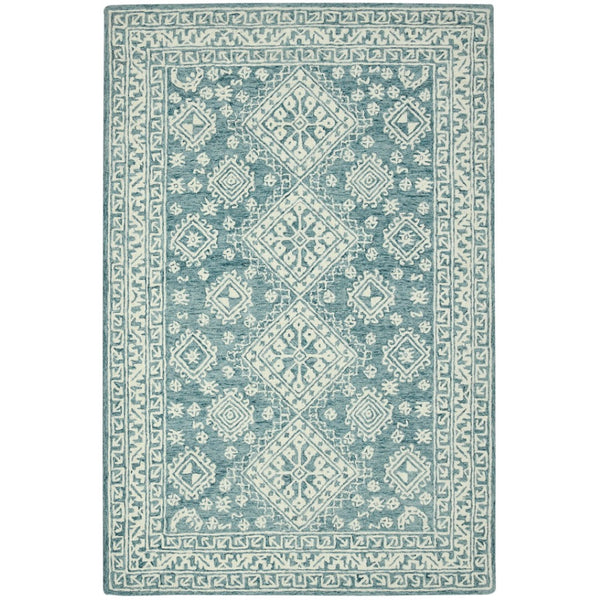 HomeRoots 5' Aqua and Ivory Wool Geometric Area Rug - Hand-Hooked Artisan Design for Modern Spaces, 60" x 90" 8' X 10' 570365