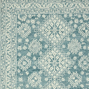 HomeRoots 5' Aqua and Ivory Wool Geometric Area Rug - Hand-Hooked Artisan Design for Modern Spaces, 60" x 90" 8' X 10' 570365