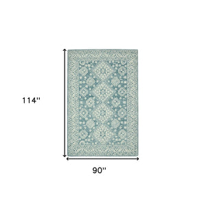 HomeRoots 5' Aqua and Ivory Wool Geometric Area Rug - Hand-Hooked Artisan Design for Modern Spaces, 60" x 90" 8' X 10' 570365