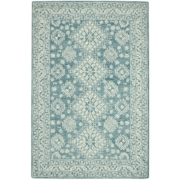 HomeRoots 5' Aqua and Ivory Wool Geometric Area Rug - Hand-Hooked Artisan Design for Modern Spaces, 60" x 90" 8' X 11' 570366
