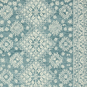 HomeRoots 5' Aqua and Ivory Wool Geometric Area Rug - Hand-Hooked Artisan Design for Modern Spaces, 60" x 90" 8' X 11' 570366