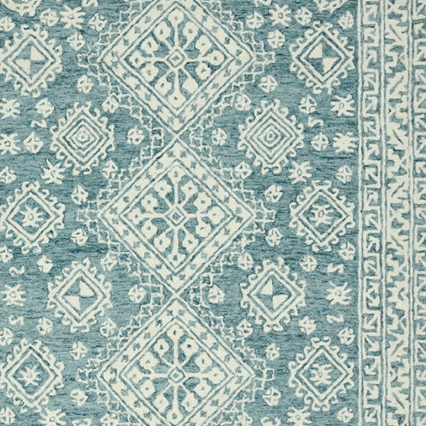 HomeRoots 5' Aqua and Ivory Wool Geometric Area Rug - Hand-Hooked Artisan Design for Modern Spaces, 60" x 90" 8' X 11' 570366