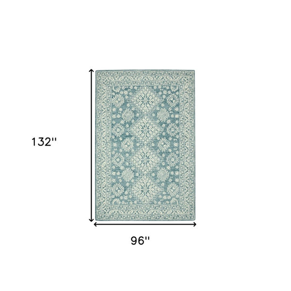 HomeRoots 5' Aqua and Ivory Wool Geometric Area Rug - Hand-Hooked Artisan Design for Modern Spaces, 60" x 90" 8' X 11' 570366
