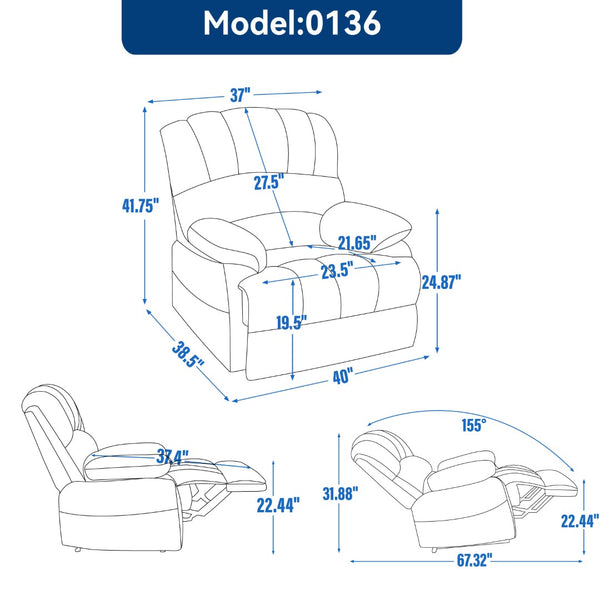 English Elm Large Oversized Manual Recliner Upholstered in Neutral Fabric for Relaxing Living Rooms Grey W3224P288516