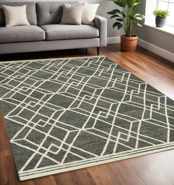 HomeRoots 5' Hand Woven Wool Area Rug with Stripes in Beige, Gray, and Orange - Rustic Charm for Any Space 5' X 8' 570428