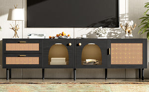 English Elm Rattan Black TV Stand with 3 Cabinets & 2 Rattan Drawers, LED Media Console, Cable Management, 80" N710P206015B