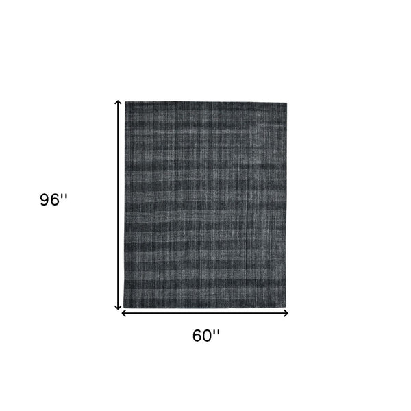 HomeRoots 5' Hand-Woven Charcoal and Gray Wool Plaid Area Rug for Timeless Style and Comfort in Any Room 5' X 8' 570492