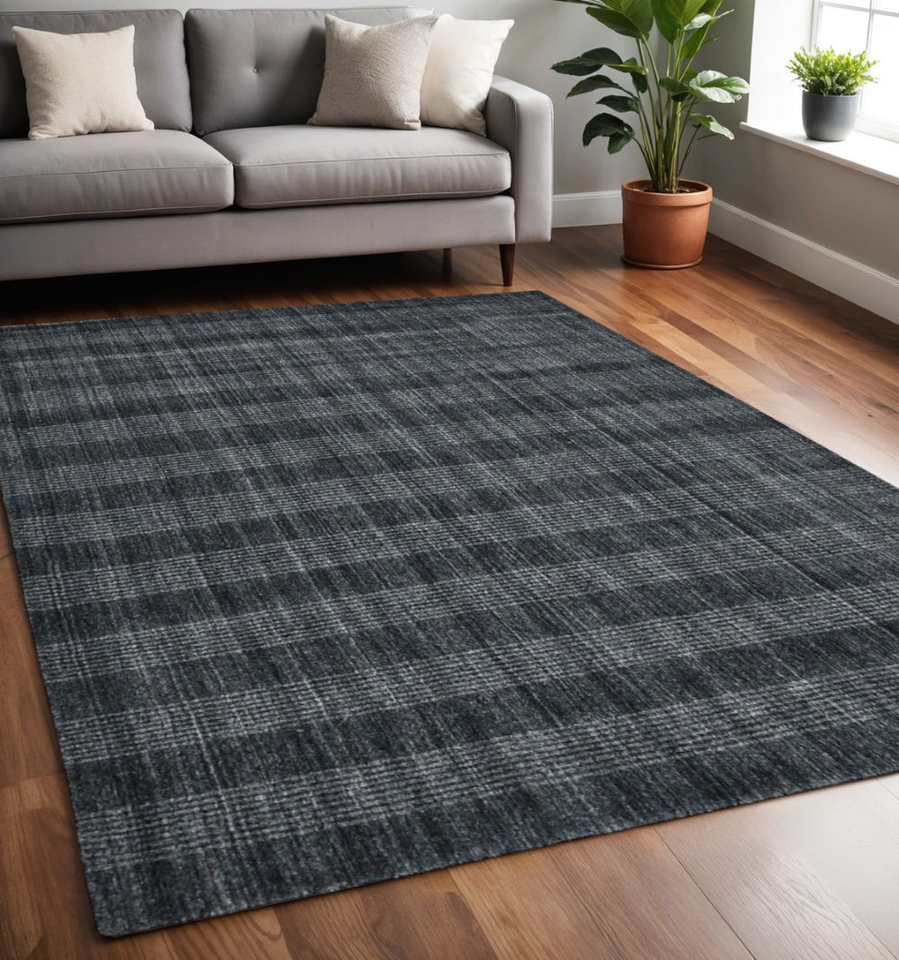HomeRoots 5' Hand-Woven Charcoal and Gray Wool Plaid Area Rug for Timeless Style and Comfort in Any Room 5' X 8' 570492