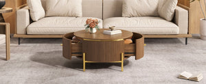 English Elm Modern Round Coffee Table with Gold Legs Two Drawers Brown Mdf Living Room N735P338995D