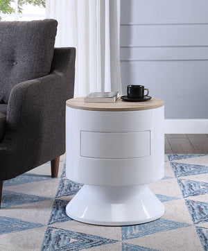 English Elm Otith Glossy White Accent Table with Drawer and Display Shelf — Modern Round Utility Piece B2726P243239