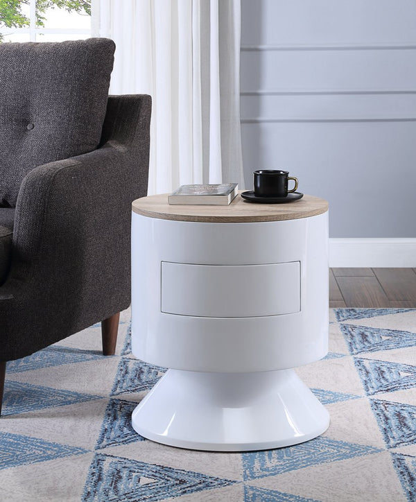 English Elm Otith Glossy White Accent Table with Drawer and Display Shelf — Modern Round Utility Piece B2726P243239