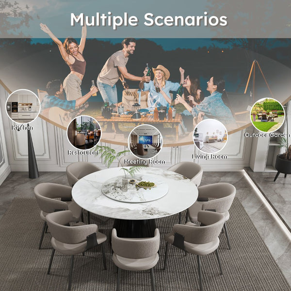 English Elm 59" Round 9-Piece Dining Set - Elegant Faux Marble Table With Rotating Tray & 8 Luxe Pu Leather Chairs W2700S00037