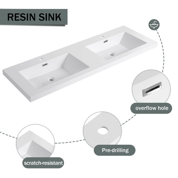 English Elm 60" Freestanding Bathroom Vanity with Double Resin Sink, Soft-Close Doors, Adjustable Shelves, Water-Resistant Finish W999S00383