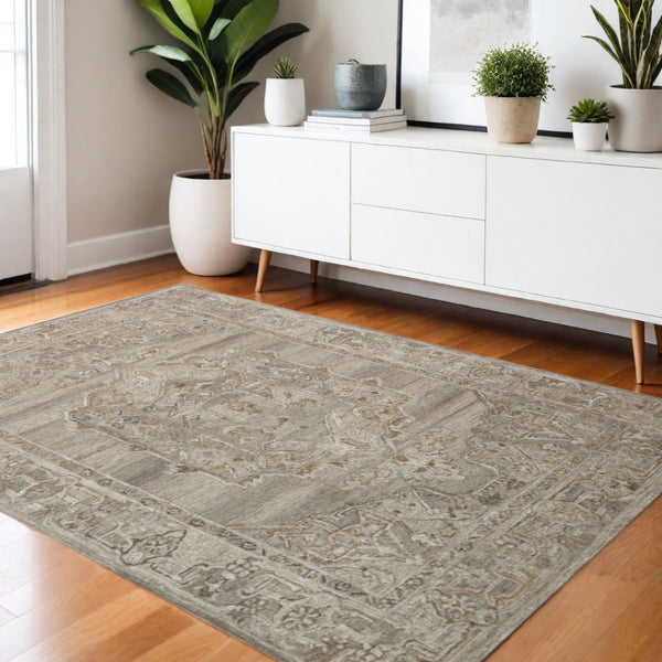 HomeRoots 5' Hand Woven Wool Area Rug with Stripes in Beige, Gray, and Orange - Rustic Charm for Any Space 4' X 6' 570596