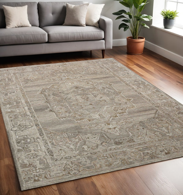 HomeRoots 5' Hand Woven Wool Area Rug with Stripes in Beige, Gray, and Orange - Rustic Charm for Any Space 5' X 7' 570597