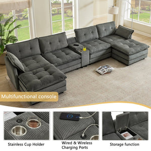 English Elm 154" Corduroy U-shaped Sectional with Ottomans Six Seat Modular Cloud Sofa Usb Console Grey W1998S00103