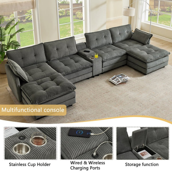 English Elm 154" Corduroy U-shaped Sectional with Ottomans Six Seat Modular Cloud Sofa Usb Console Grey W1998S00103