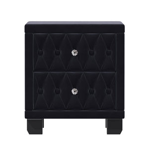 English Elm Elegant Velvet Upholstered Nightstand with Crystal Knobs Tufted Glam Bedside Storage Black N733P210398B