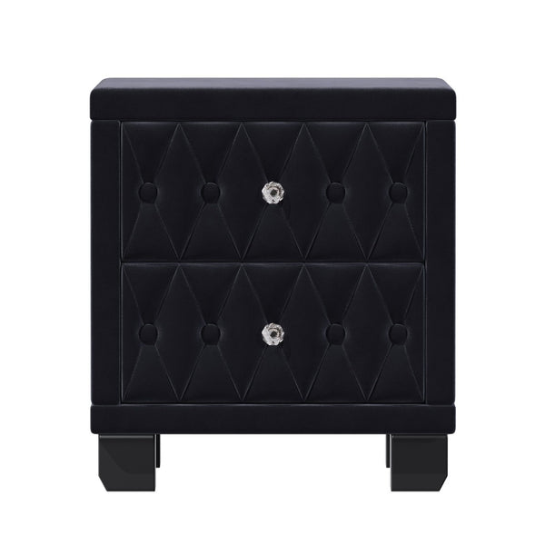 English Elm Elegant Velvet Upholstered Nightstand with Crystal Knobs Tufted Glam Bedside Storage Black N733P210398B