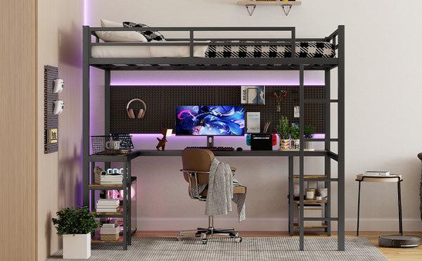 English Elm Full Xl Metal Loft Bed With Integrated Desk & Shelves – Stylish, Safe & Space-Saving Design In Black W1580S00046