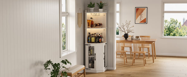 English Elm 67.3" Farmhouse Corner Bar Cabinet Led Lit Wine Storage with Built-in Power Outlets N735P361423K