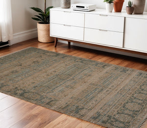 HomeRoots 5' Hand Woven Wool Area Rug with Stripes in Beige, Gray, and Orange - Rustic Charm for Any Space 4' X 6' 570600