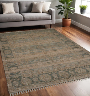 HomeRoots 5' Hand Woven Wool Area Rug with Stripes in Beige, Gray, and Orange - Rustic Charm for Any Space 5' X 7' 570601