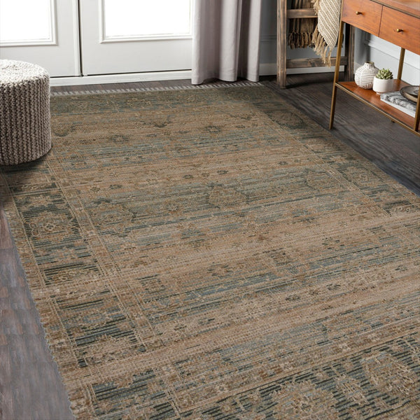 HomeRoots 5' Hand Woven Wool Area Rug with Stripes in Beige, Gray, and Orange - Rustic Charm for Any Space 5' X 7' 570601