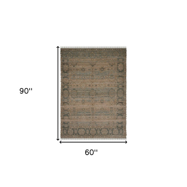 HomeRoots 5' Hand Woven Wool Area Rug with Stripes in Beige, Gray, and Orange - Rustic Charm for Any Space 5' X 7' 570601