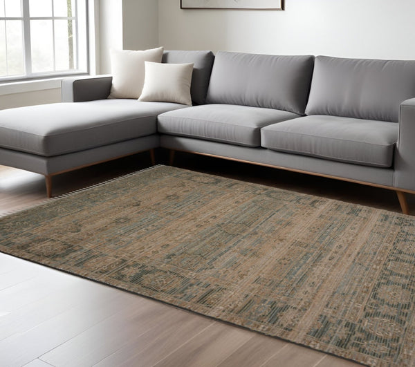 HomeRoots 5' Hand Woven Wool Area Rug with Stripes in Beige, Gray, and Orange - Rustic Charm for Any Space 8' X 10' 570602