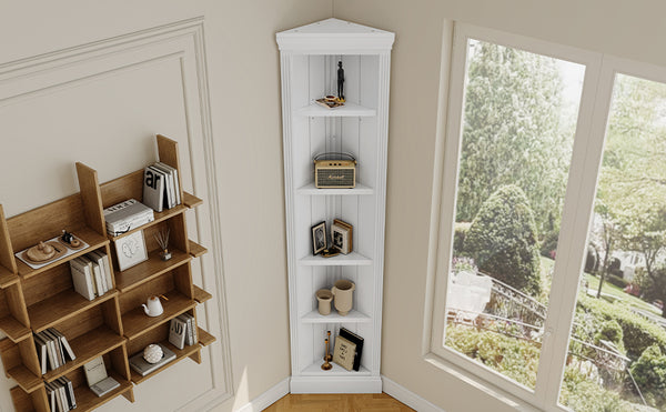English Elm 83.4"Tall 5 Tier Corner Bookcase, Modern White Triangle Shelf Unit with Adjustable Shelves, Solid Wood Frame, Space-Saving Display for Living Room N751P191709K