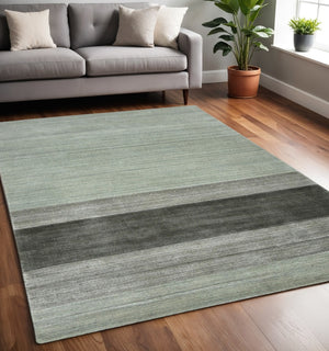 HomeRoots 2' Hand Woven Wool Striped Area Rug in Gray and Light Green – Timeless Comfort for Any Space 5' X 8' 570671