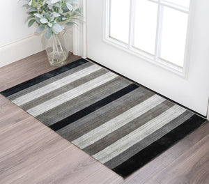 HomeRoots 2' Hand Woven Black and Gray Wool Striped Area Rug for Cozy Spaces - Artisan Crafted Elegance 2' X 3' 570675