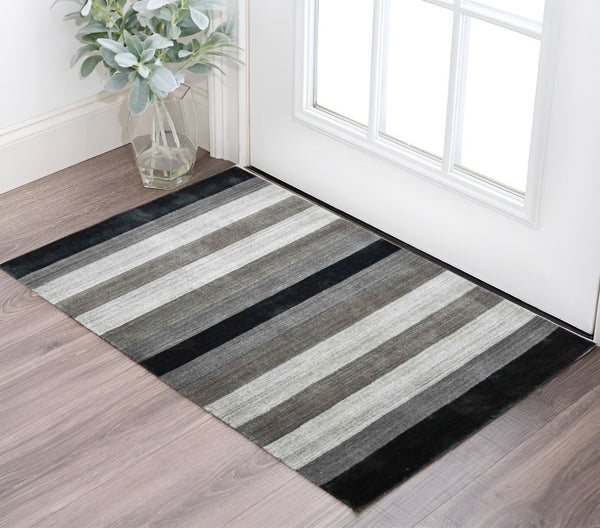 HomeRoots 2' Hand Woven Black and Gray Wool Striped Area Rug for Cozy Spaces - Artisan Crafted Elegance 2' X 3' 570675