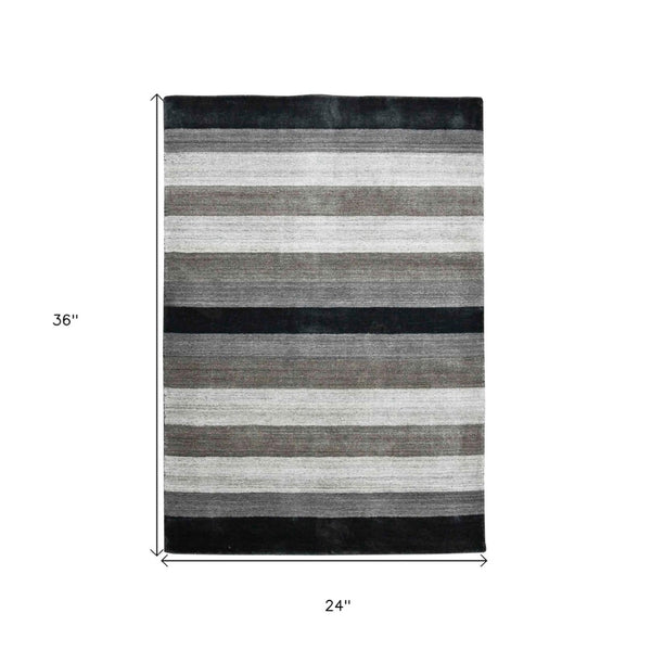 HomeRoots 2' Hand Woven Black and Gray Wool Striped Area Rug for Cozy Spaces - Artisan Crafted Elegance 2' X 3' 570675