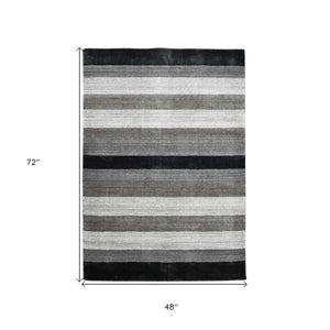 HomeRoots 2' Hand Woven Black and Gray Wool Striped Area Rug for Cozy Spaces - Artisan Crafted Elegance 4' X 6' 570676