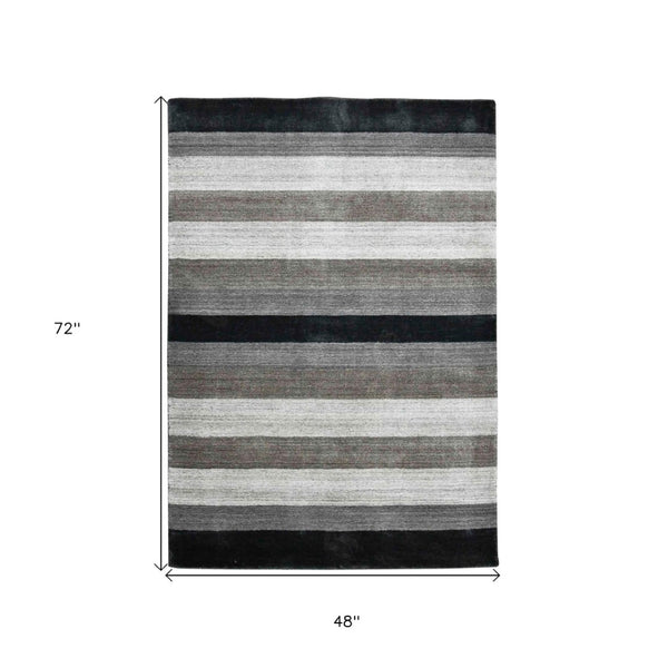 HomeRoots 2' Hand Woven Black and Gray Wool Striped Area Rug for Cozy Spaces - Artisan Crafted Elegance 4' X 6' 570676