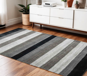 HomeRoots 2' Hand Woven Black and Gray Wool Striped Area Rug for Cozy Spaces - Artisan Crafted Elegance 4' X 6' 570676