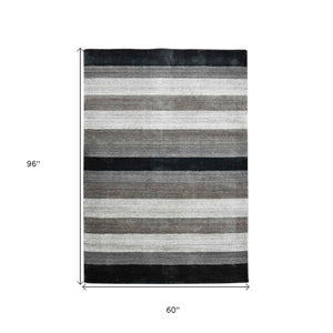 HomeRoots 2' Hand Woven Black and Gray Wool Striped Area Rug for Cozy Spaces - Artisan Crafted Elegance 5' X 8' 570677