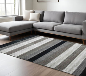 HomeRoots 2' Hand Woven Black and Gray Wool Striped Area Rug for Cozy Spaces - Artisan Crafted Elegance 8' X 10' 570678