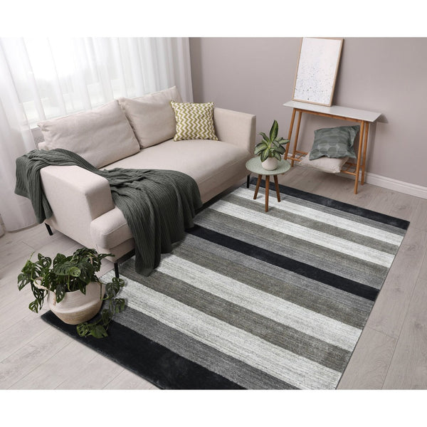 HomeRoots 2' Hand Woven Black and Gray Wool Striped Area Rug for Cozy Spaces - Artisan Crafted Elegance 9' X 12' 570679