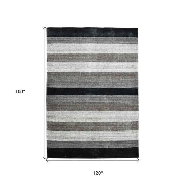HomeRoots 2' Hand Woven Black and Gray Wool Striped Area Rug for Cozy Spaces - Artisan Crafted Elegance 10' X 14' 570680