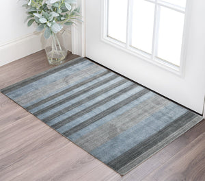 HomeRoots 2' Hand-Woven Wool Area Rug in Gray and Light Blue Stripes – Cozy, Unique, Perfect for Any Space 2' X 3' 570681