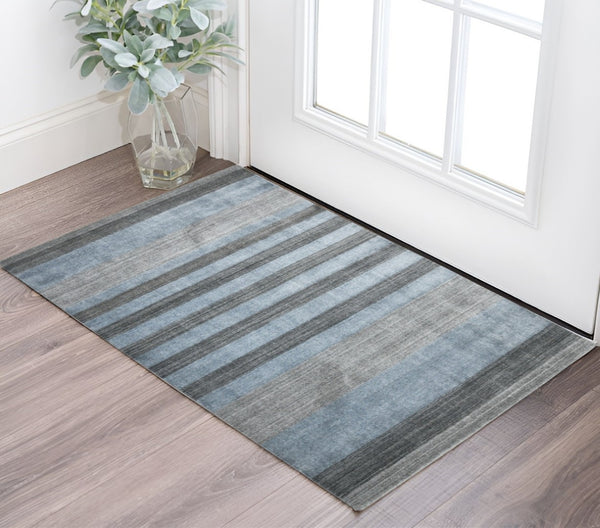 HomeRoots 2' Hand-Woven Wool Area Rug in Gray and Light Blue Stripes – Cozy, Unique, Perfect for Any Space 2' X 3' 570681