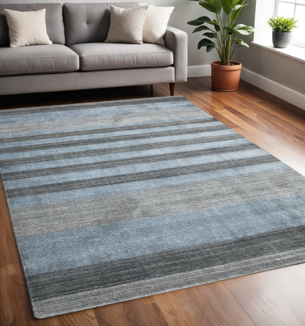 HomeRoots 2' Hand-Woven Wool Area Rug in Gray and Light Blue Stripes – Cozy, Unique, Perfect for Any Space 5' X 8' 570683