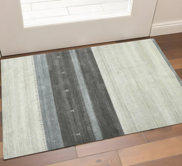 HomeRoots 2' Hand Woven Wool Area Rug in Ivory, Gray & Green – Artisanal Striped Design for Cozy Spaces 2' X 3' 570687