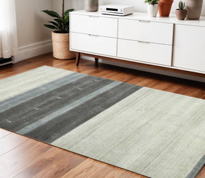 HomeRoots 2' Hand Woven Wool Area Rug in Ivory, Gray & Green – Artisanal Striped Design for Cozy Spaces 4' X 6' 570688