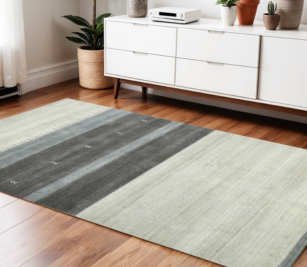 HomeRoots 2' Hand Woven Wool Area Rug in Ivory, Gray & Green – Artisanal Striped Design for Cozy Spaces 4' X 6' 570688