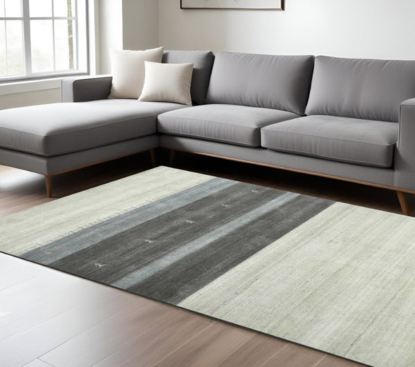 HomeRoots 2' Hand Woven Wool Area Rug in Ivory, Gray & Green – Artisanal Striped Design for Cozy Spaces 8' X 10' 570690